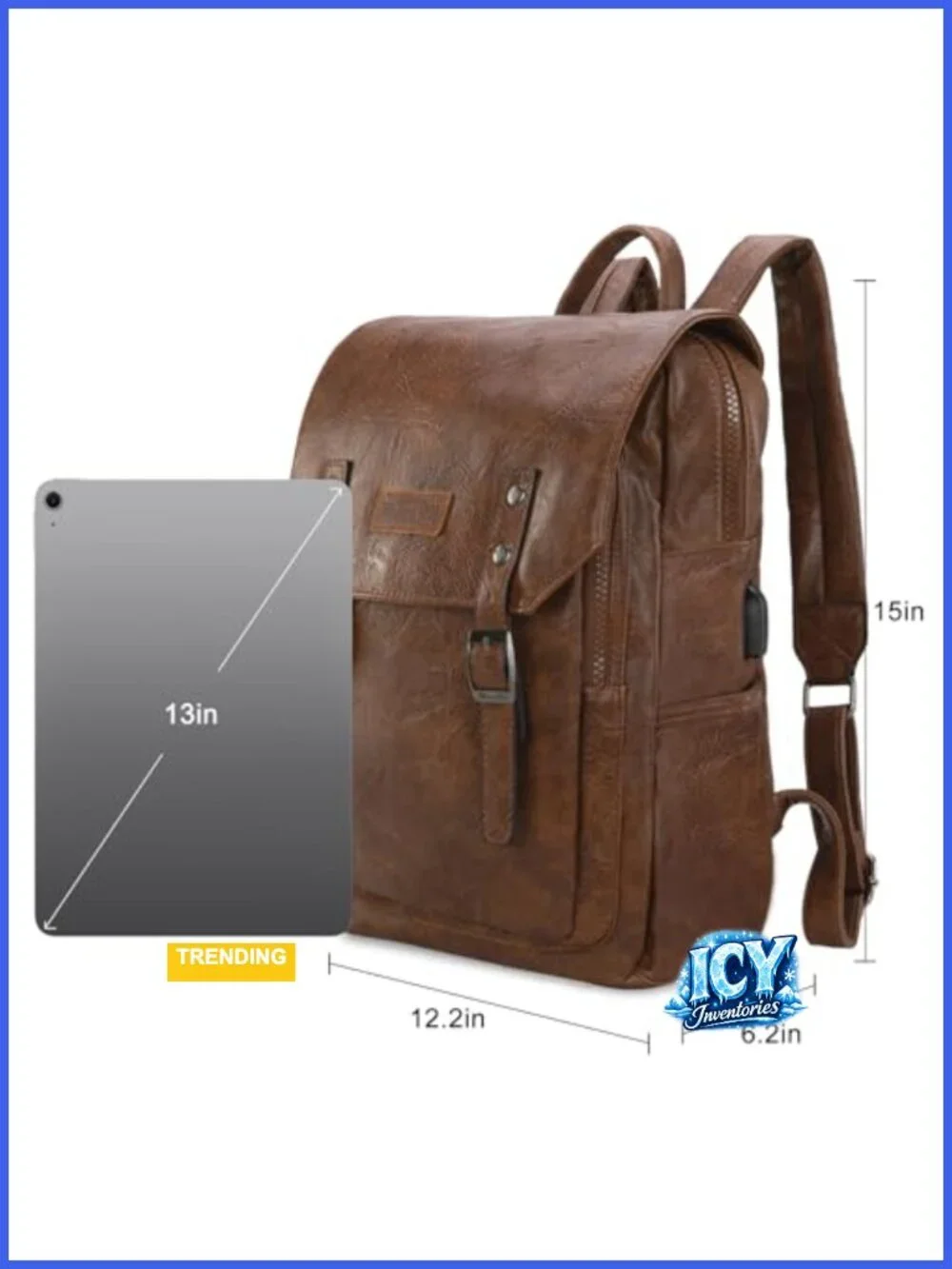 Vegan Leather Laptop Backpack with USB Charging Port, Travel College Bookbag